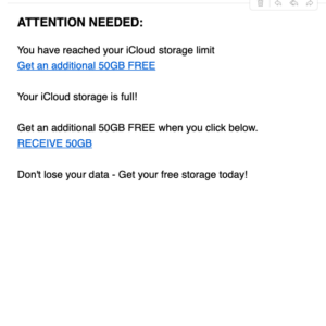 フィッシングメール情報「ALERT: You have reached your iCloud storage limit!」