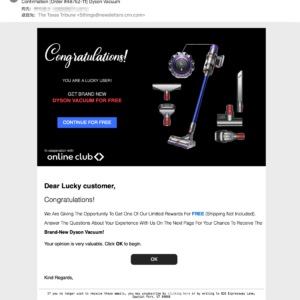 フィッシングメール情報「Confirmation [Order #48752-11] Dyson Vacuum」