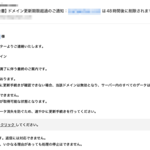 フィッシングメール情報「⚠️【最終催告書】ドメイン更新期限超過のご通知:hogehoge.com は48時間後に削除されます」